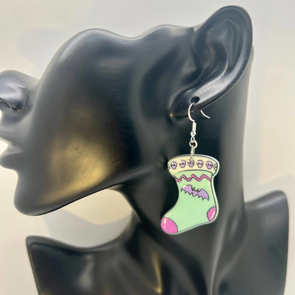 Christmas Earrings - Pastel Blue Halloween Themed Christmas Stocking Earrings - Picture 7 of 7
